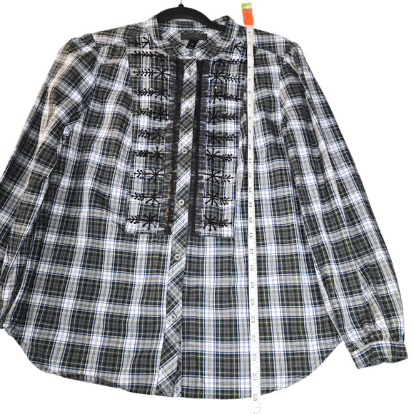 J Crew Womens XS Plaid Button Up Shirt Sequins Green Blue Round Hem Lace Casual - Picture 5 of 11
